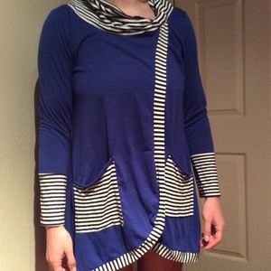 Blue and black/white striped long sleeve dress, never worn